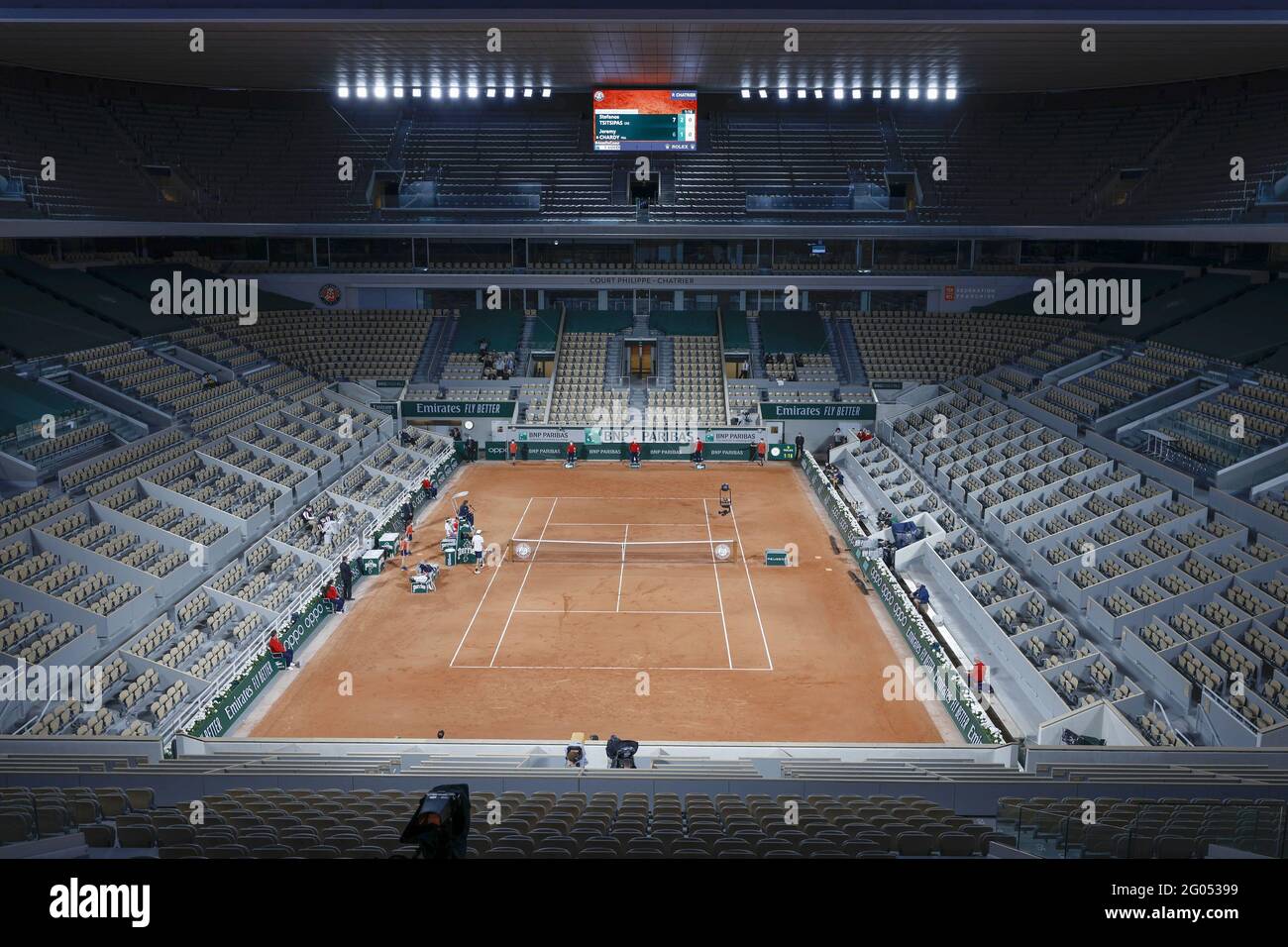 General view of the Philippe Chatrier central court at night, under curfew and behind closed doors during Roland-Garros 2021, Grand Slam tennis tournament on May 30, 2021 at Roland-Garros stadium in Paris,