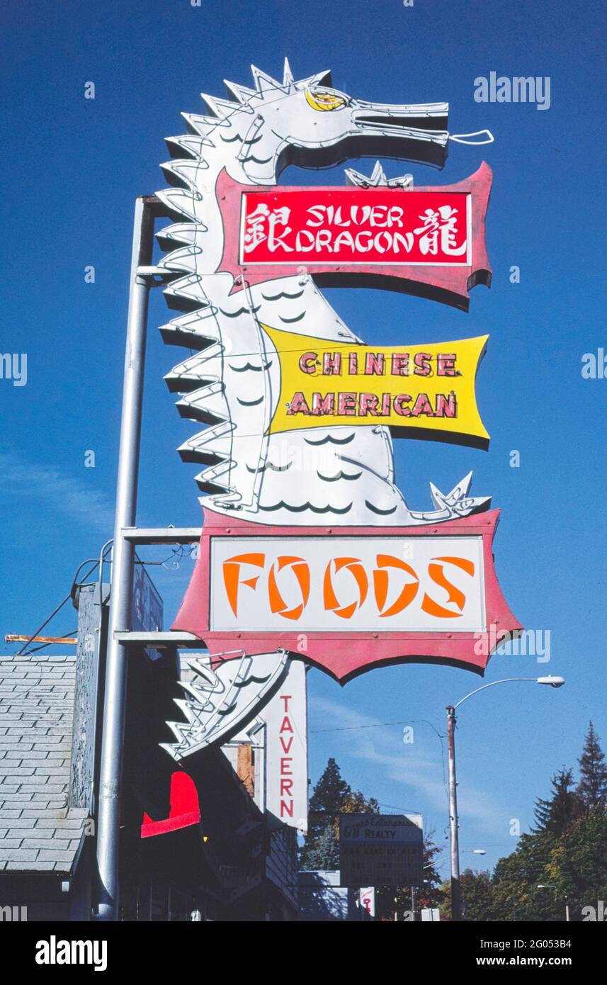 1980s America -  Silver Dragon Restaurant sign, Coeur d'Alene, Idaho 1987 Stock Photo
