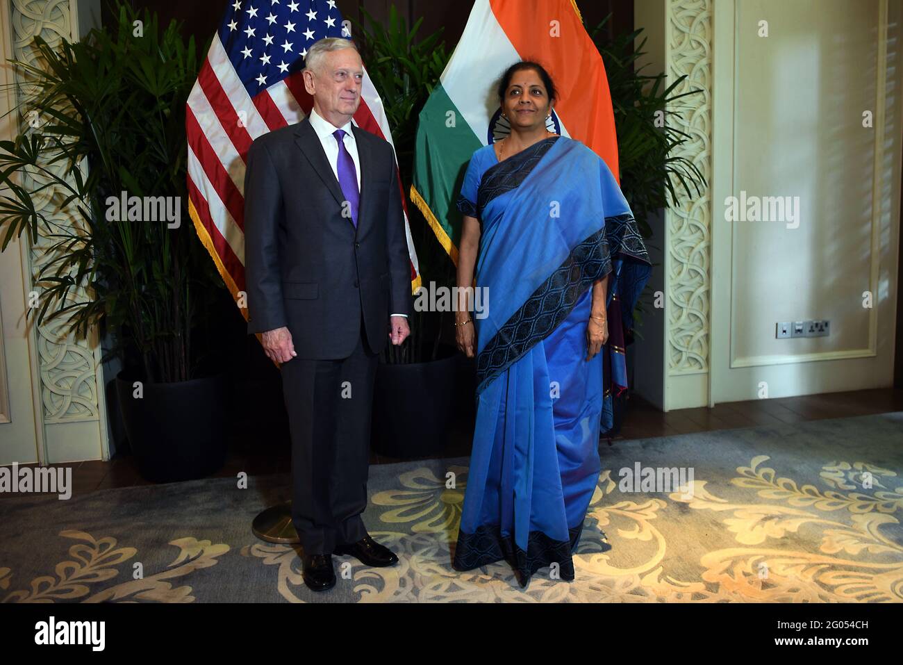 Reportage:  U.S. Secretary of Defense James Mattis meets with Indian Minister of Defense Nirmala Sitharaman at the ASEAN Defense Ministers Meeting, Singapore, Oct. 19, 2018. Stock Photo
