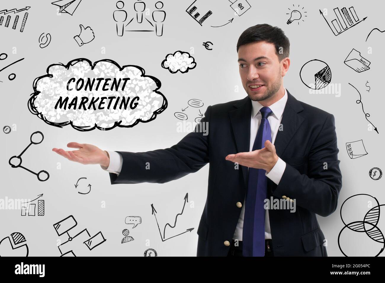 Business, technology, internet and network concept. Young businessman thinks over the steps for successful growth: Content marketing Stock Photo