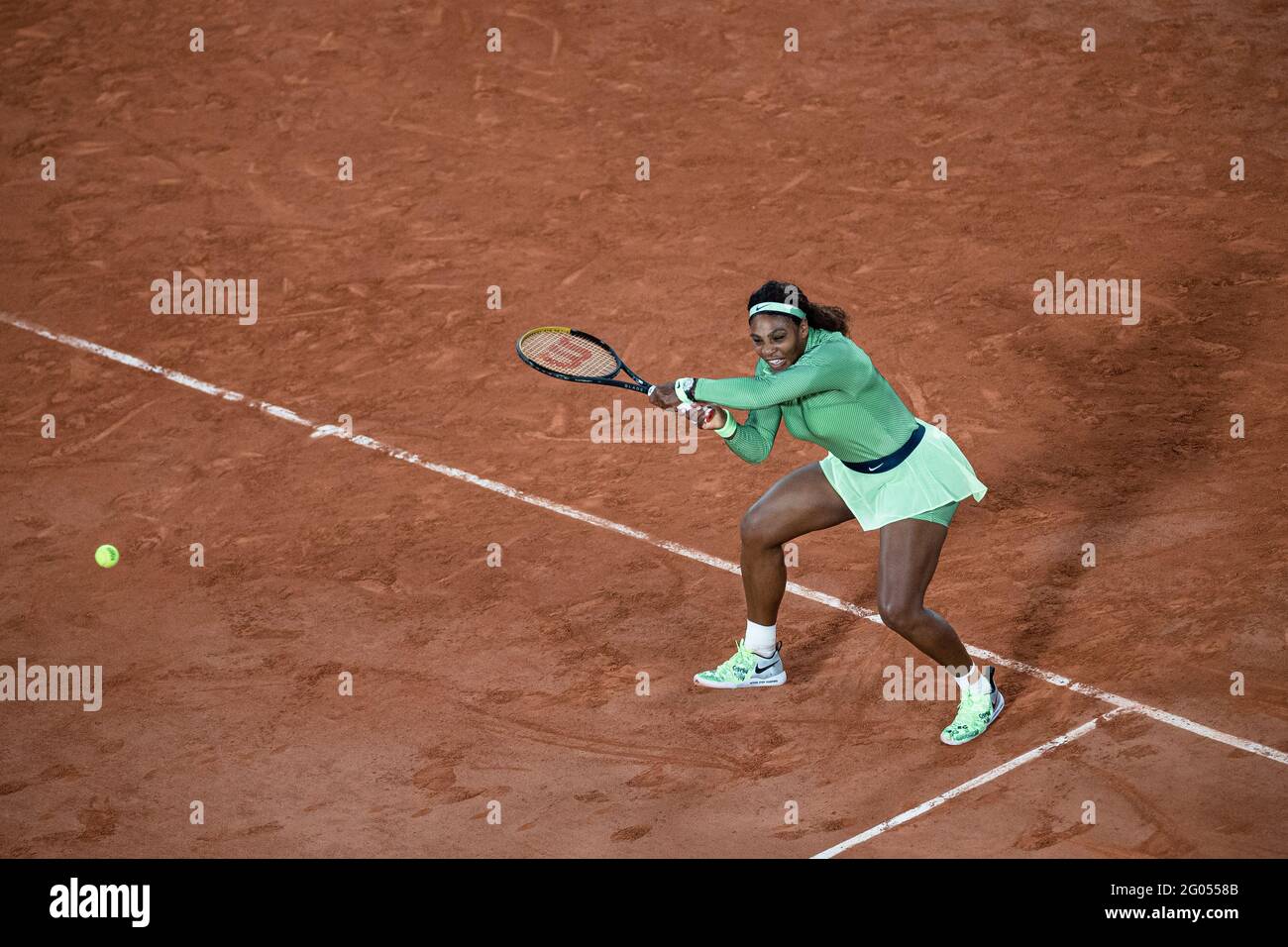 Paris, France. 31st May, 2021. Serena Williams of the United States returns the ball during the women's first round match against Irina-Camelia Begu of Romania at the French Open tennis tournament at Roland Garros in Paris, France, May 31, 2021. Credit: Aurelien Morissard/Xinhua/Alamy Live News Stock Photo