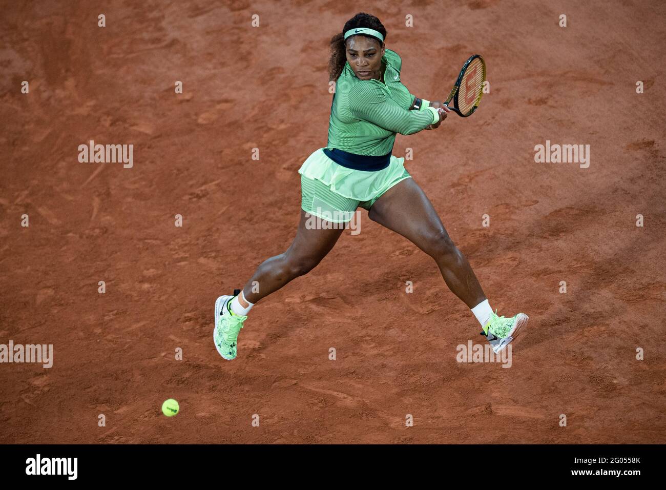 Paris, France. 31st May, 2021. Serena Williams of the United States returns the ball during the women's first round match against Irina-Camelia Begu of Romania at the French Open tennis tournament at Roland Garros in Paris, France, May 31, 2021. Credit: Aurelien Morissard/Xinhua/Alamy Live News Stock Photo