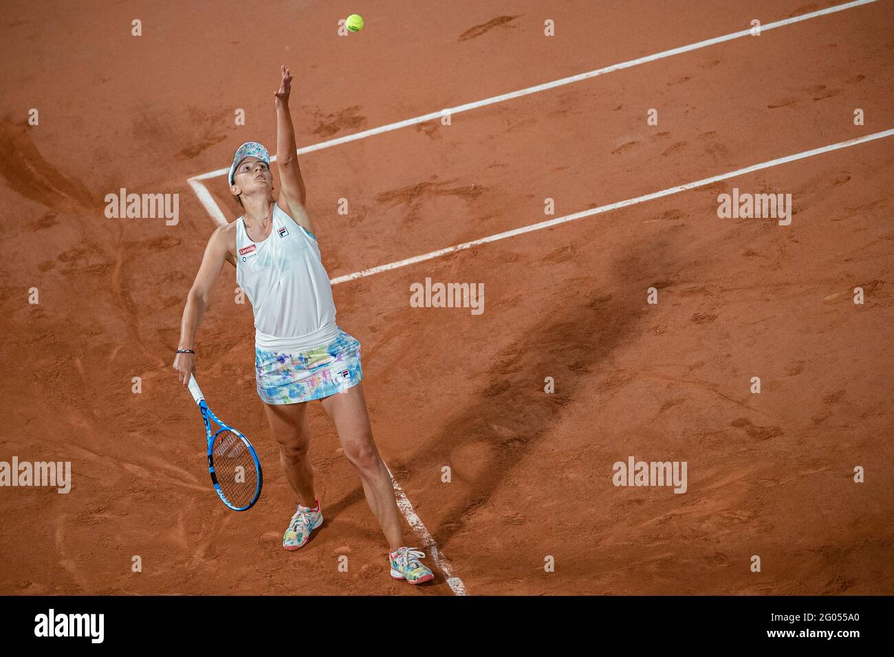 Paris, France. 31st May, 2021. Irina-Camelia Begu of Romania serves the ball during the women's first round match against Serena Williams of the United States at the French Open tennis tournament at Roland Garros in Paris, France, May 31, 2021. Credit: Aurelien Morissard/Xinhua/Alamy Live News Stock Photo