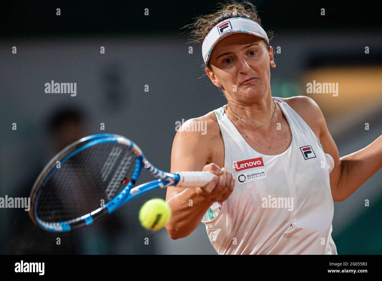 Paris, France. 31st May, 2021. Irina-Camelia Begu of Romania returns the ball during the women's first round match against Serena Williams of the United States at the French Open tennis tournament at Roland Garros in Paris, France, May 31, 2021. Credit: Aurelien Morissard/Xinhua/Alamy Live News Stock Photo