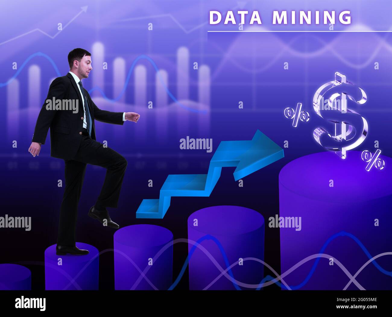 Business, technology, internet and network concept. Young businessman thinks over the steps for successful growth: Data mining Stock Photo