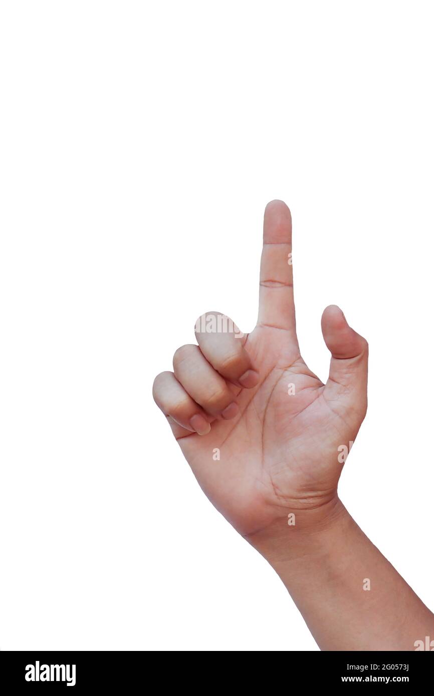 Hand gesture with index finger pressing or pointing to a separate object on a white background with the clipping path. Stock Photo