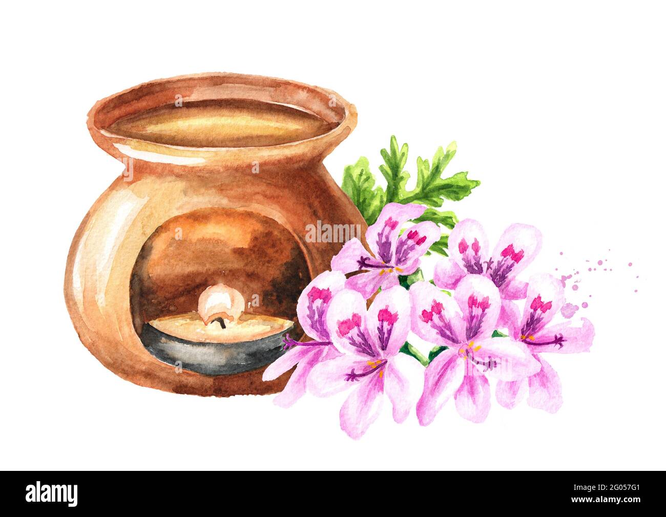 Pelargonium graveolens or Pelargonium x asperum, geranium flower essential oil and aroma lamp. Watercolor hand drawn illustration isolated on white ba Stock Photo
