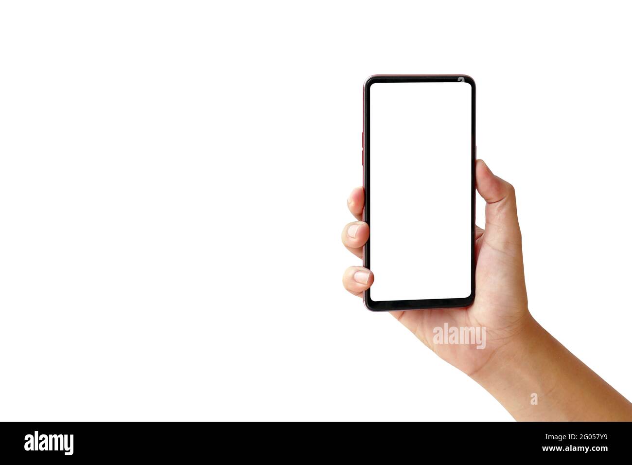 Hand holding new smartphone on white background. Stock Photo