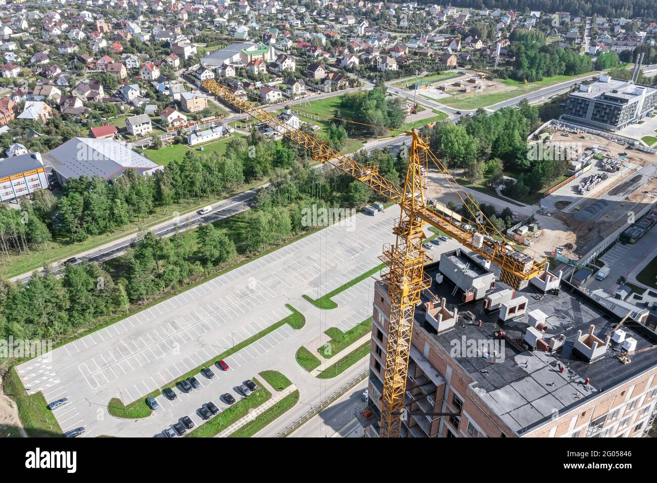 new residential area under construction. aerial photo from flying drone Stock Photo