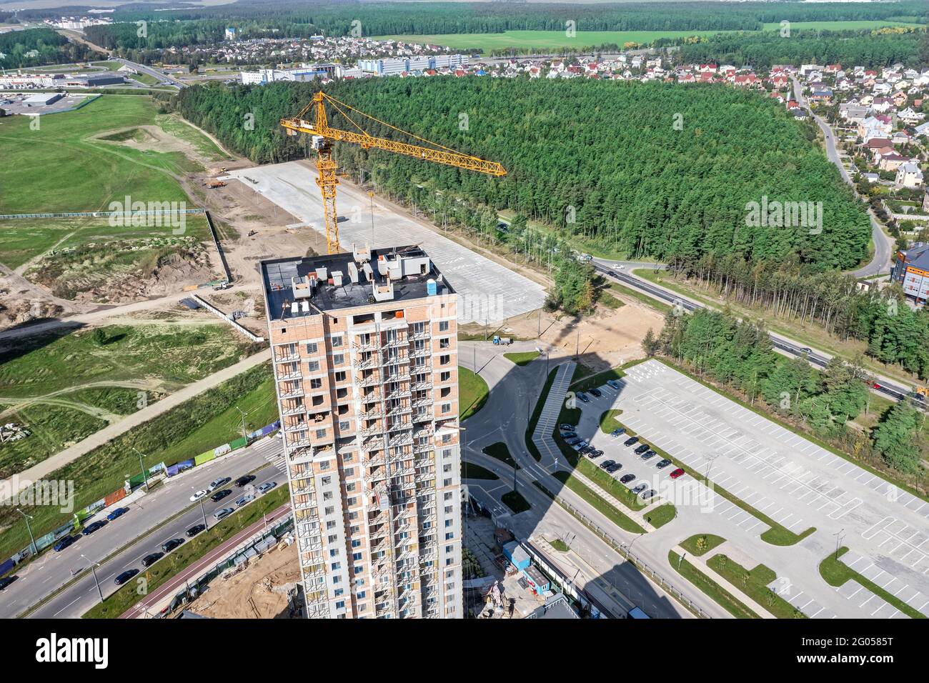aerial view of new residential area with high apartment building under construction Stock Photo
