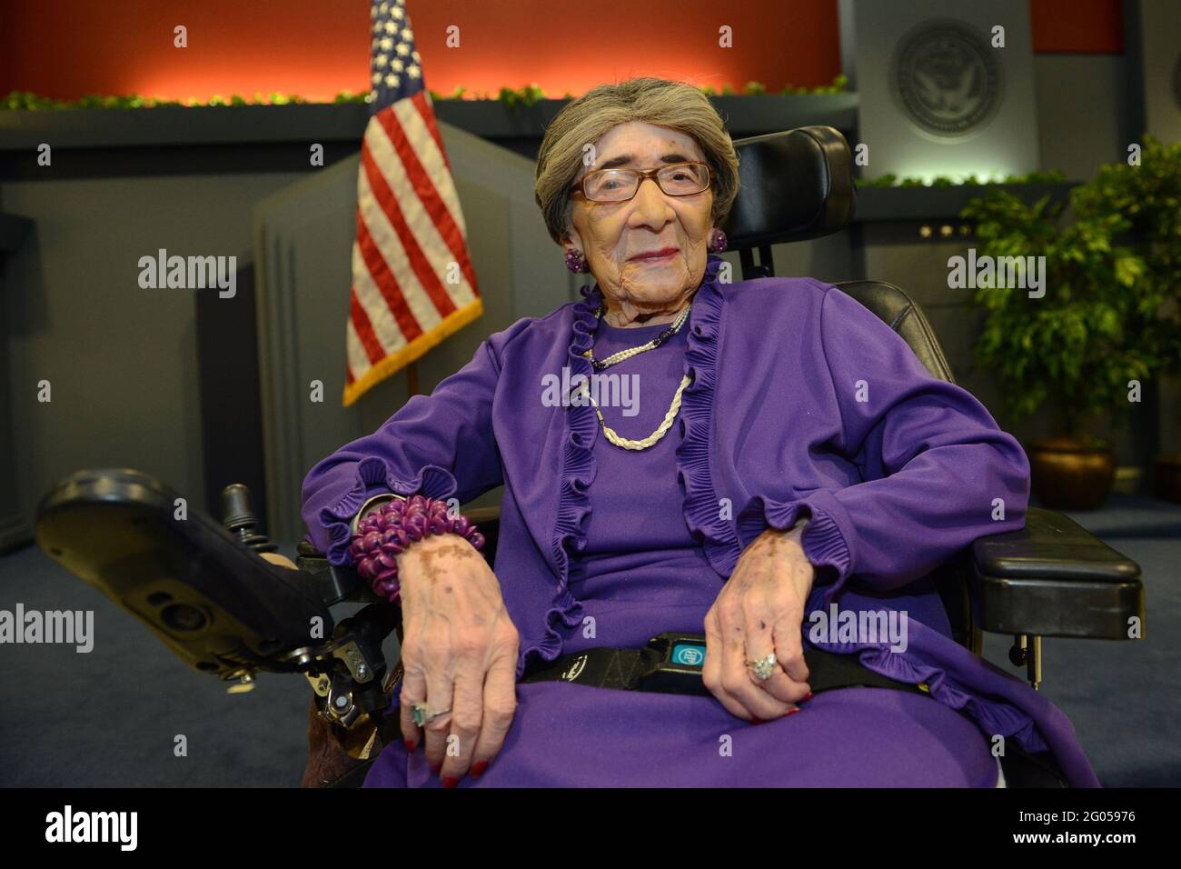Reportage:   World War II Army veteran 106-year-old Alyce Dixon is seen at the Pentagon, after she was honored at a women's history month event with a Department of the Army lifetime achievement award and a certificate of appreciation, March 31, 2014. Dixon, who was a member of the Women's Army Corps, served in Europe during World War II as a member of the 6888th Central Postal Directory Battalion. The 6888th was the only unit of African-American women in the WAC to serve overseas in England and France during World War II. Stock Photo