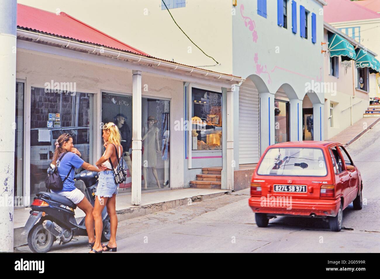 1990s St. Barts (Saint Barthélemy) – Typical St. Barts street scene, townsfolk in Gustavia ca. 1997 Stock Photo