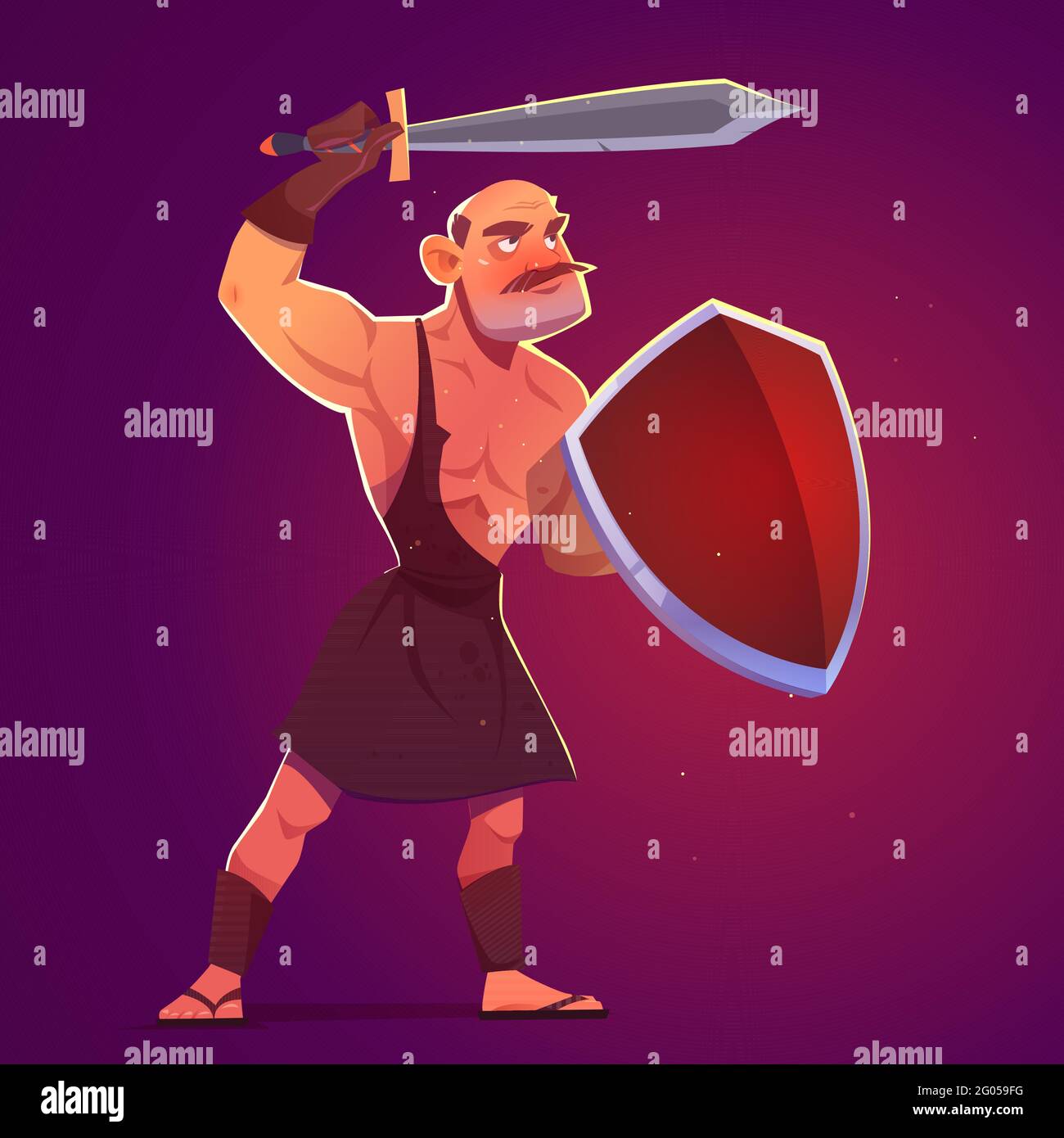 Ancient greek, spartan or roman warrior, gladiator with sword and shield. Vector cartoon illustration of antique brave man, trojan or barbarian soldier from history or mythology Stock Vector