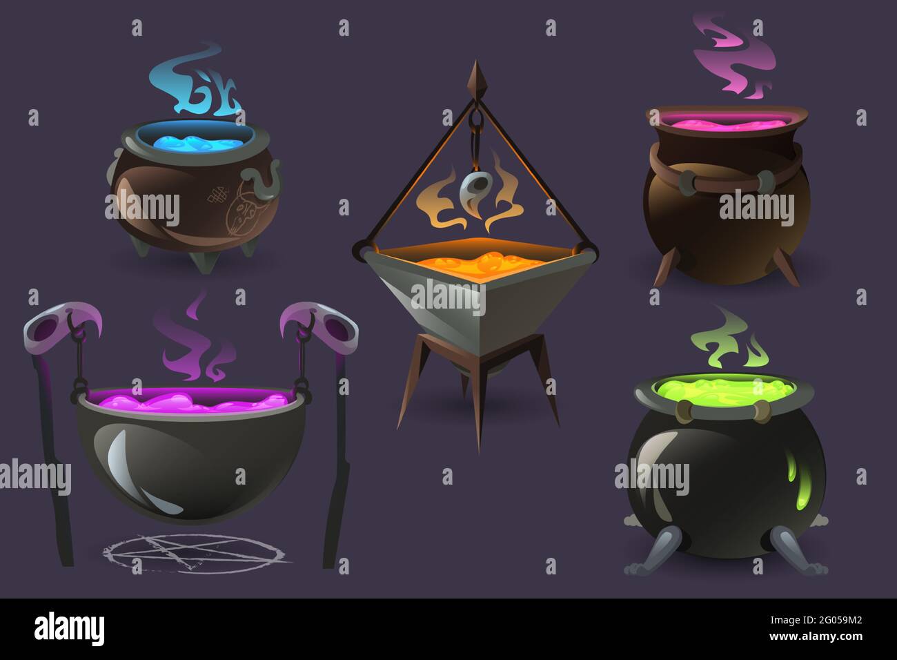 Witch cauldrons with boiling magic potions. Old cooking boilers with colored brew and steam. Vector cartoon set of copper cauldrons with sorcery poisons, witchcraft equipment Stock Vector