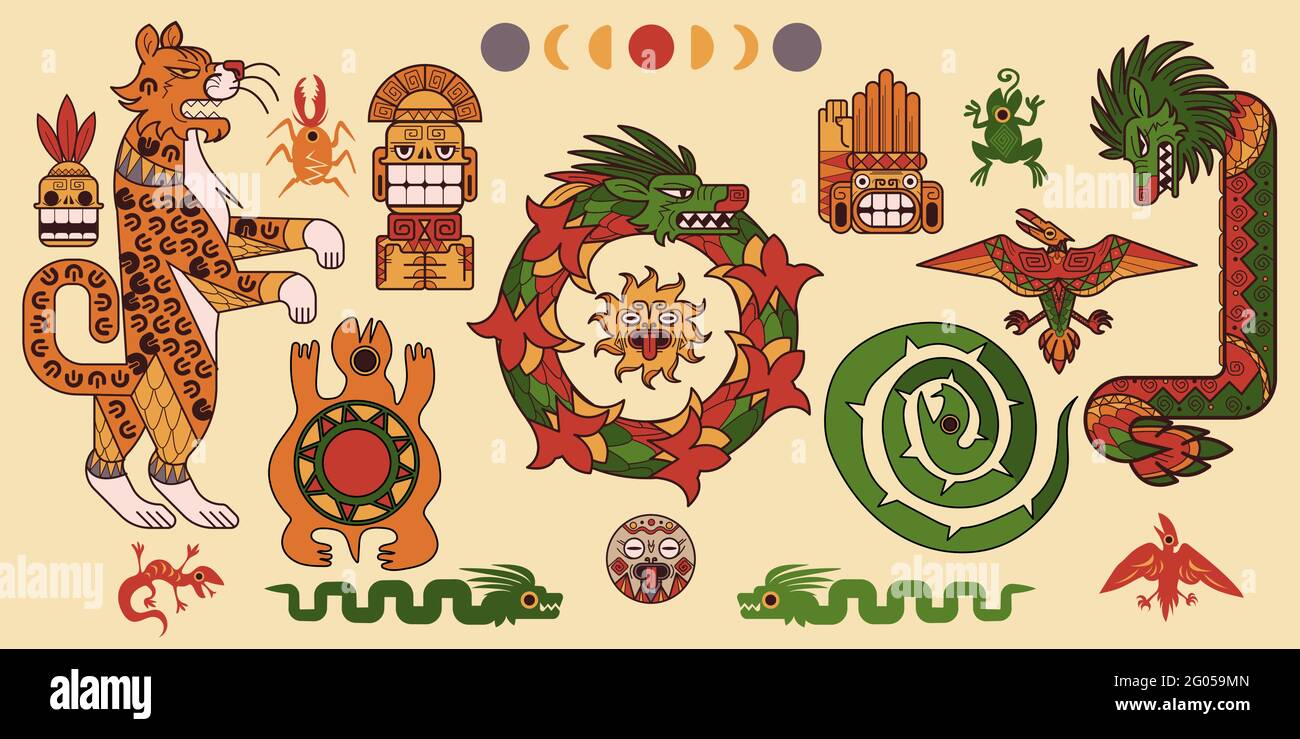 Set Of Mayan Or Aztec Patterns Tribal Mexican Mesoamerican Culture Decorative Elements Ethnic Ornaments Dragon Leopard Turtle Moon Or Sun Bug Idol With Snake Ancient Civilization Vector Tattoo Stock Vector Image