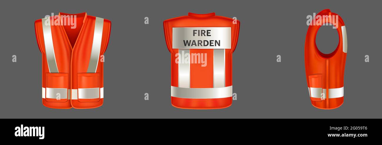 Red safety vest with reflective stripes, uniform for fire warden. Vector realistic 3d waistcoat with reflectors and pockets for firefighter in front, back and side view isolated on gray background Stock Vector