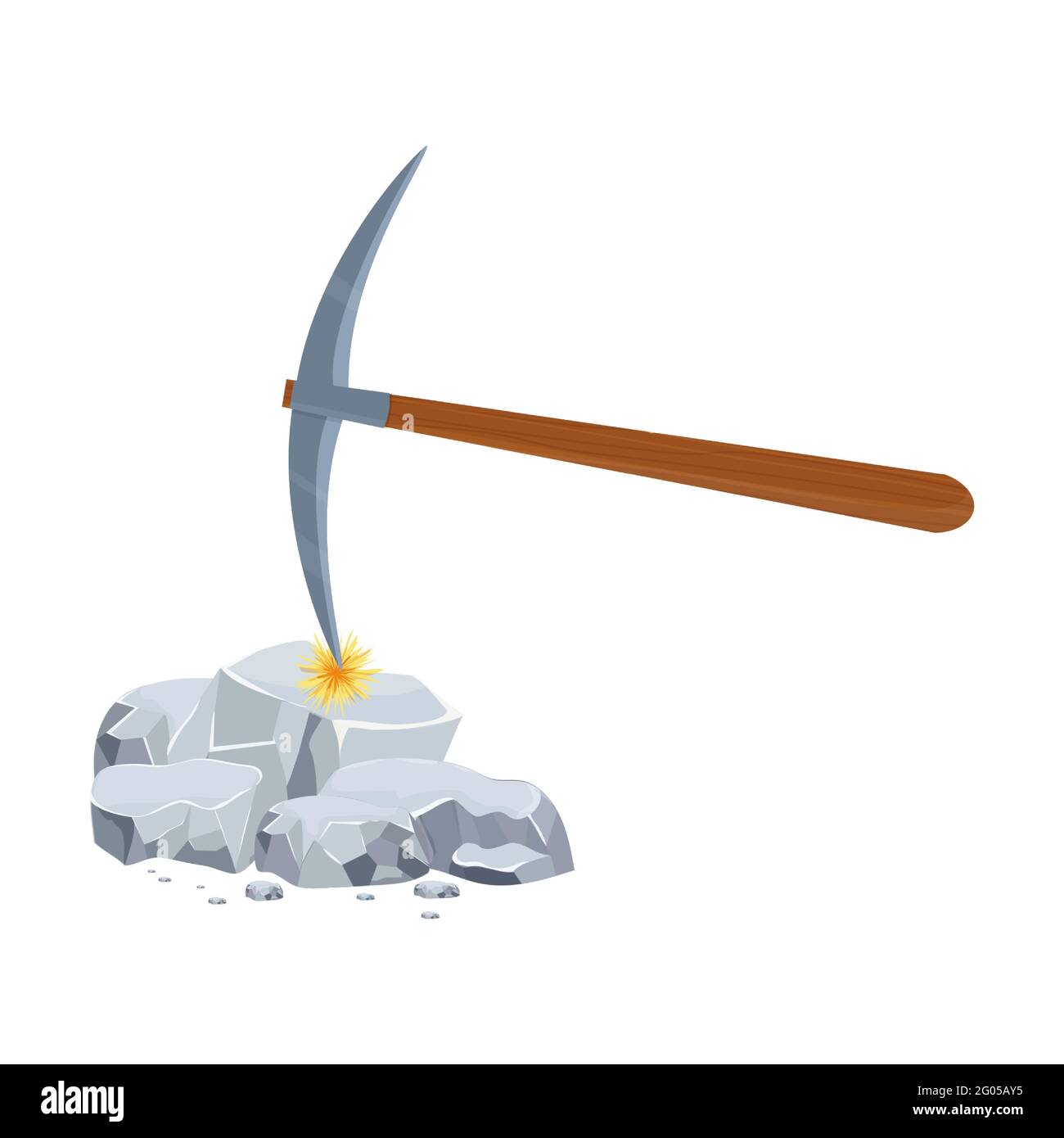 Wooden pickaxe and silver nugget pile, ore in cartoon style isolated on white background. Mine, digging concept. Handle tool, instrument. . Vector ill Stock Vector