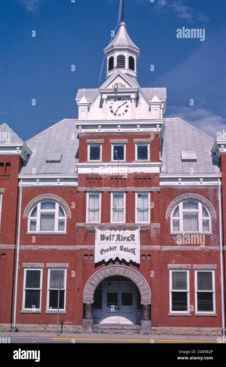 1980s United States -  City Hall (1896), centrall detail, overall diagonal view, Water Street, New London, Wisconsin 1988 Stock Photo
