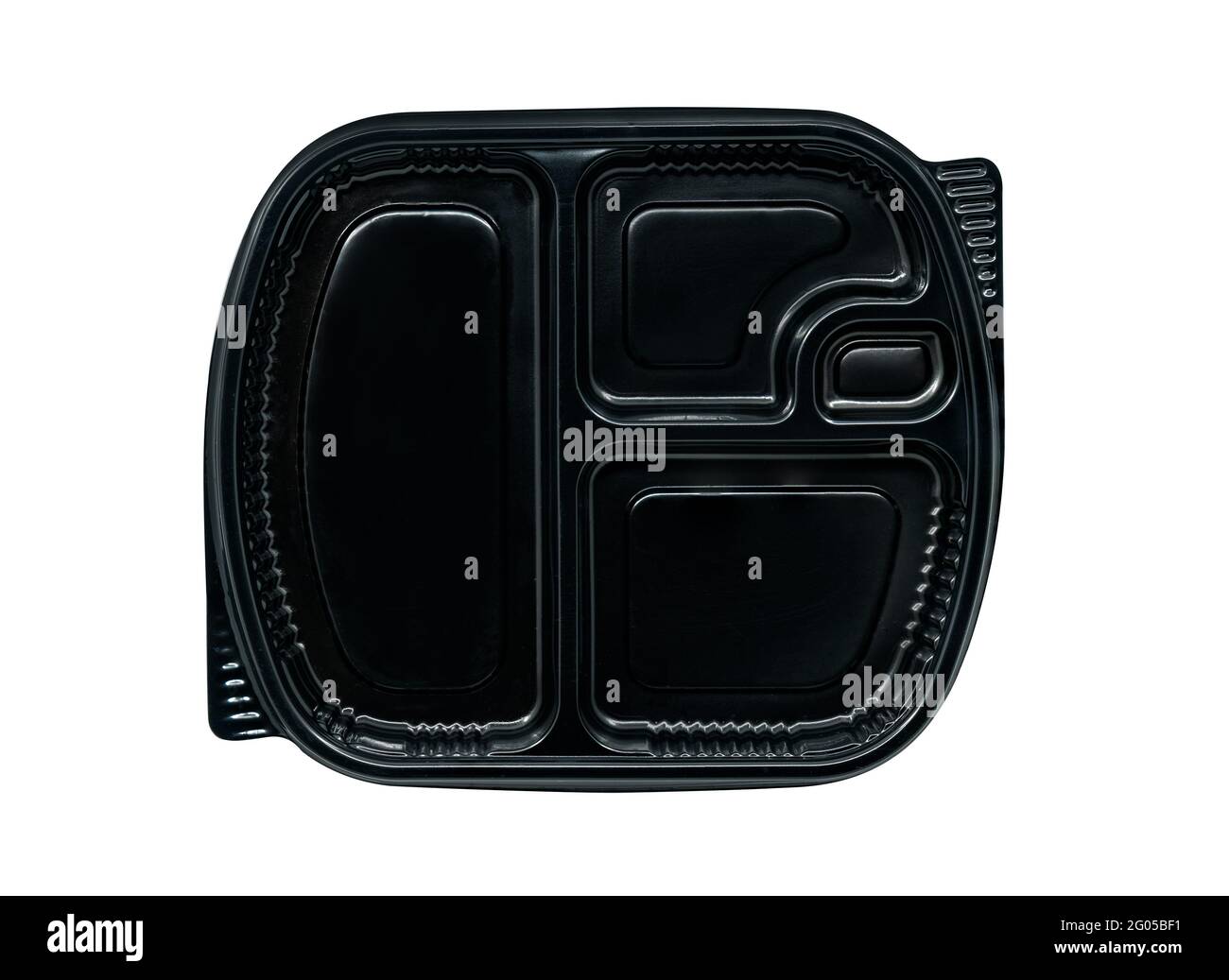 Top view takeaway food box on white background. Black colour takeaway plastic food box, four compartment separated, isolated image on white background Stock Photo