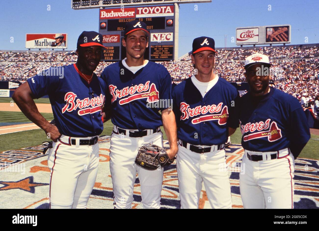 Atlanta Braves baseball players Ron Gant, John Smoltz, Tom Glavine and Terry Pendleton pose for a photo at the 1992 Major League Baseball All-Star Game -- Please credit photographer Kirk Schlea Stock Photo