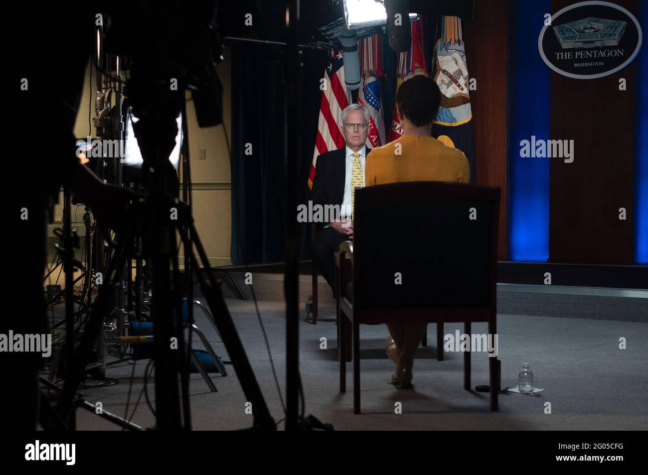 Reportage:  Acting Defense Secretary Chris Miller is interviewed by CBS' Catherine Herridge, the Pentagon, Washington, D.C., Dec. 15, 2020. Stock Photo