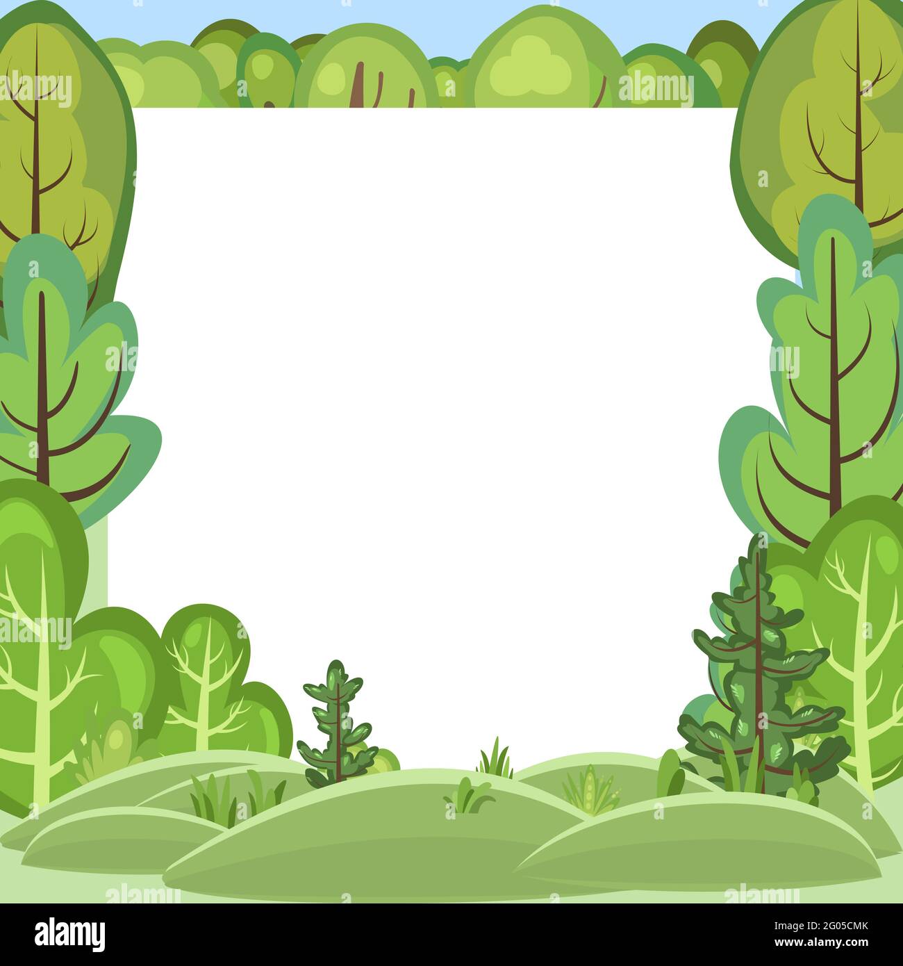 Flat forest. Frame. Illustration in a simple symbolic style. Hills