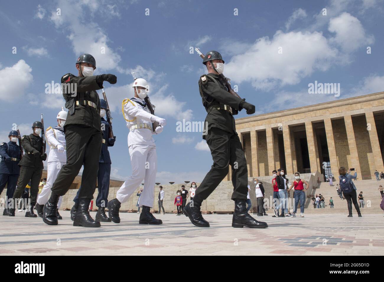 Turkish soldiers wear face masks as a preventive measure against the spread of the COVID-19 novel coronavirus, at Anitkabir, the mausoleum of Mustafa Kemal Ataturk, the founder of the Turkish Republic, in Ankara Turkey, on May 31, 2021. Turkey has confirmed 47,527 deaths and 5,249,404 positive cases of the coronavirus infection in the country. Turkey started easing its strict coronavirus lockdown on Monday by allowing movement during the day while keeping overnight and weekend curfews in place, the Interior Ministry said in a directive on Sunday. Photo by Abdurrahman Antakyali/Depo Photos/ABAC Stock Photo