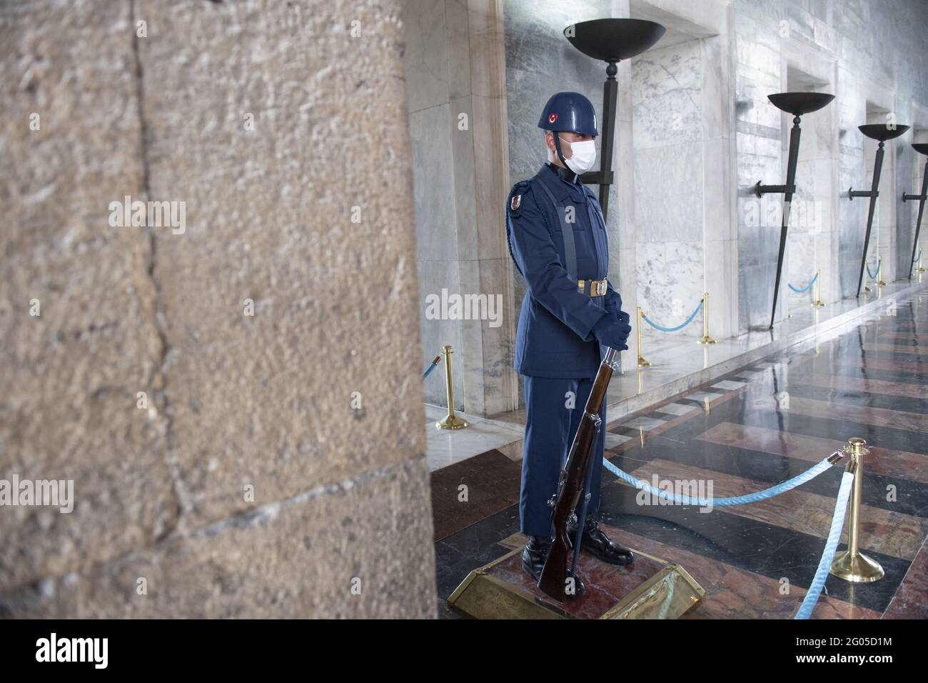 A Turkish soldier wears face mask as a preventive measure against the spread of the COVID-19 novel coronavirus, at Anitkabir, the mausoleum of Mustafa Kemal Ataturk, the founder of the Turkish Republic, in Ankara Turkey, on May 31, 2021. Turkey has confirmed 47,527 deaths and 5,249,404 positive cases of the coronavirus infection in the country. Turkey started easing its strict coronavirus lockdown on Monday by allowing movement during the day while keeping overnight and weekend curfews in place, the Interior Ministry said in a directive on Sunday. Photo by Abdurrahman Antakyali/Depo Photos/ABA Stock Photo