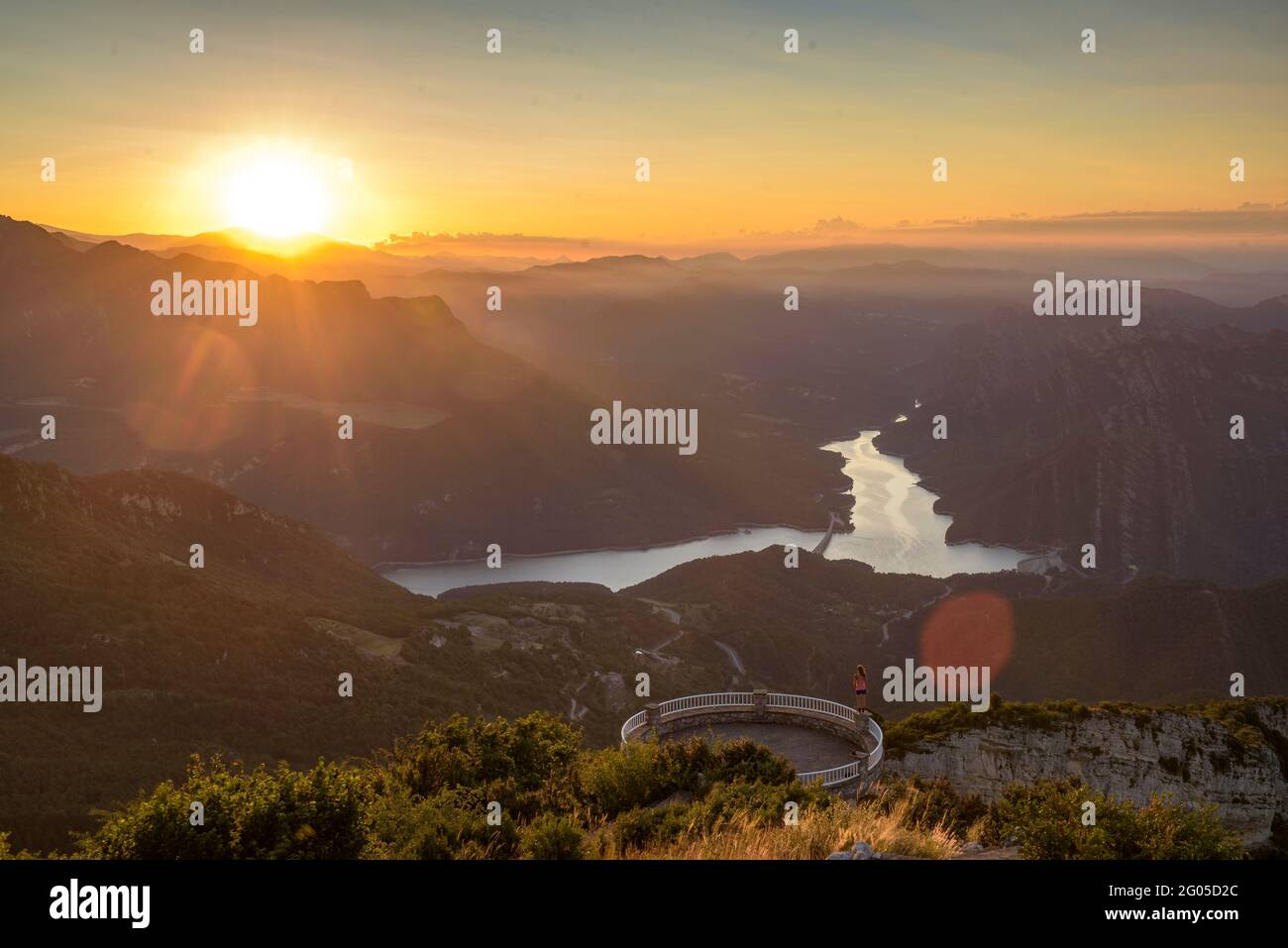 Summer sunrise at the Figuerassa viewpoint looking to the Pantà de la Baells reservoir (Barcelona province, Catalonia, Spain, Pyrenees) Stock Photo