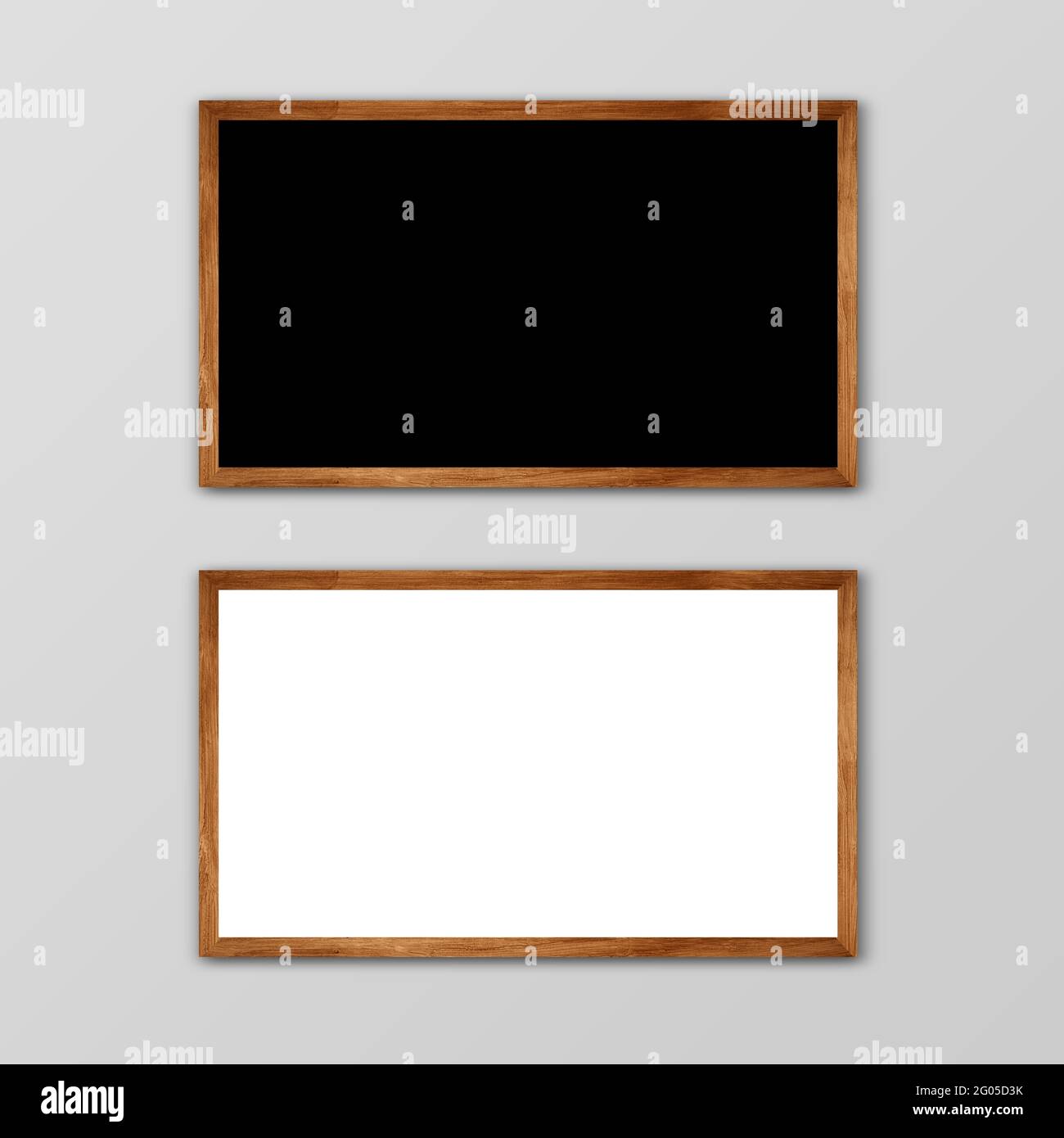 Two Horizontal Frames on grey wall with wooden Borders. 2 Rectangular