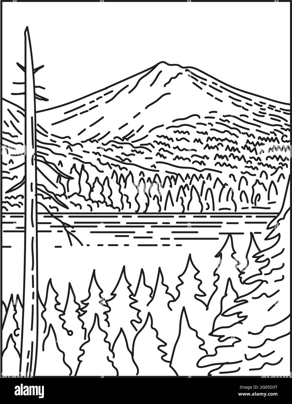 Mono line illustration of summit of Lassen Peak Volcano within Lassen Volcanic National Park in northern California, United States of America done in Stock Vector