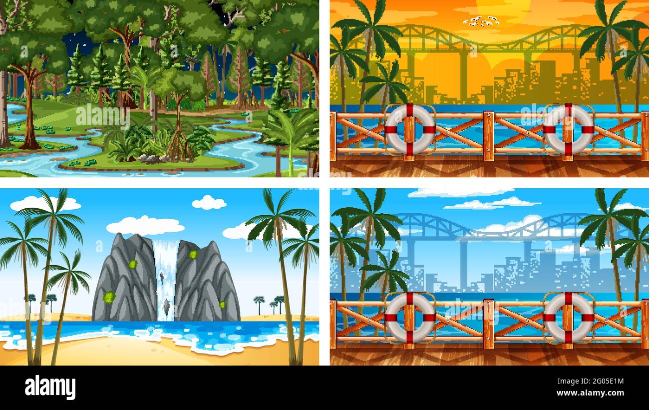 Four different nature horizontal scenes illustration Stock Vector