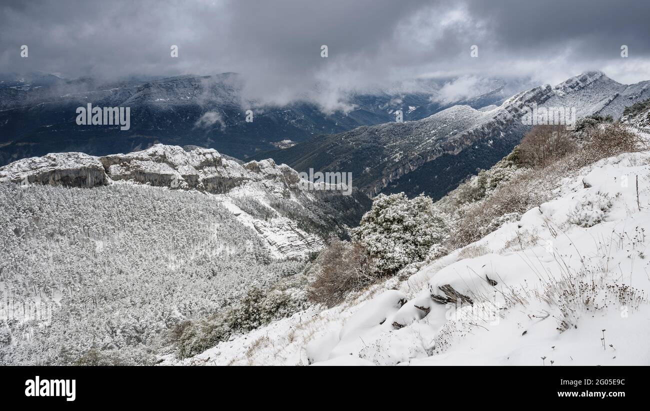 Alt Berguedà mountains seen from Coll de Pal during a winter snowfall (Cadí-Moixeró Natural Park, Catalonia, Spain, Pyrenees) Stock Photo