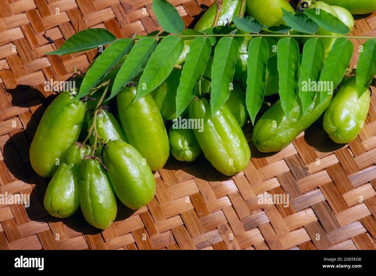 Averrhoa bilimbi and green leaves on woven bamboos, known as bilimbi