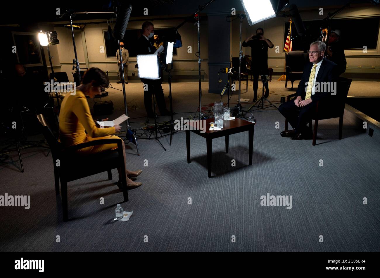 Reportage: Acting Defense Secretary Chris Miller is interviewed by CBS' Catherine Herridge, the Pentagon, Washington, D.C., Dec. 15, 2020. Stock Photo