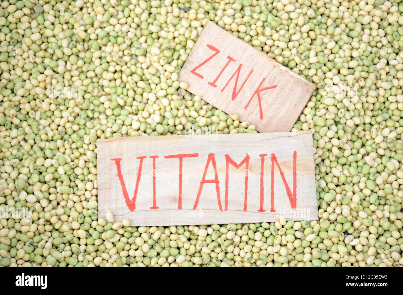 bunch the yellow green soya bean grains with writing z ink , vitamin healthcare medical concept. Stock Photo