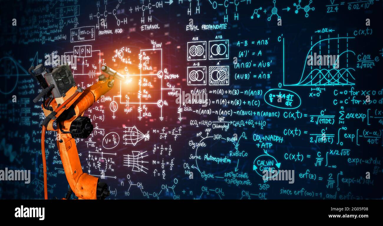 Robot arm AI analyzing mathematics for mechanized industry problem solving . Concept of robotics technology and machine learning for automated Stock Photo