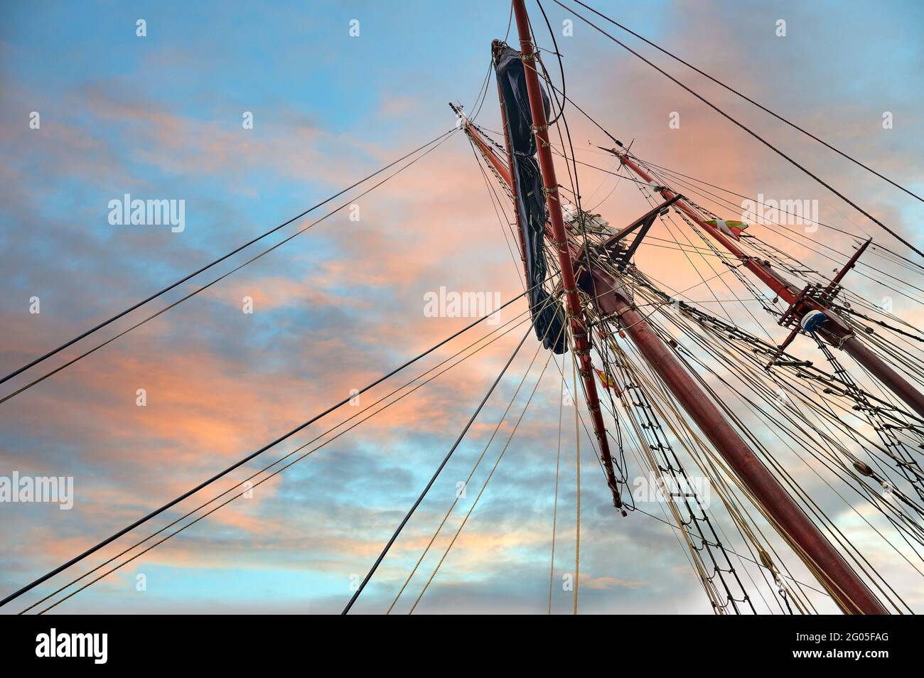 Mast and rigging on board of the tall ship Stock Photo
