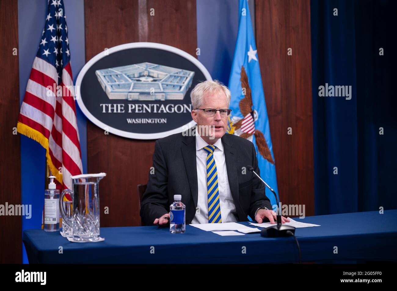 Reportage: Acting Defense Secretary Chris Miller speaks via video conference to Gold Star Families, the Pentagon, Washington, D.C, Jan. 5, 2021. Stock Photo