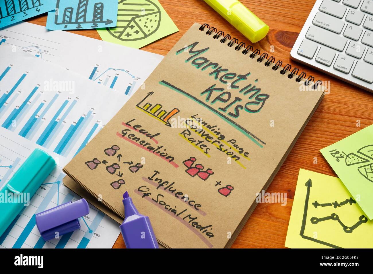 Notepad with marks about marketing kpi on the page. Stock Photo