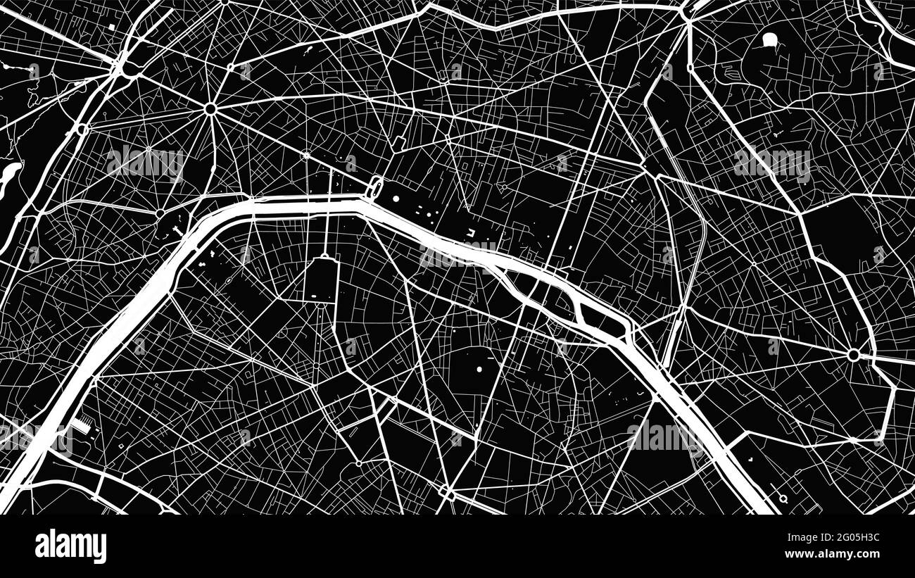 Black and white Paris city area vector background map, streets and water cartography illustration. Widescreen proportion, digital flat design streetma Stock Vector