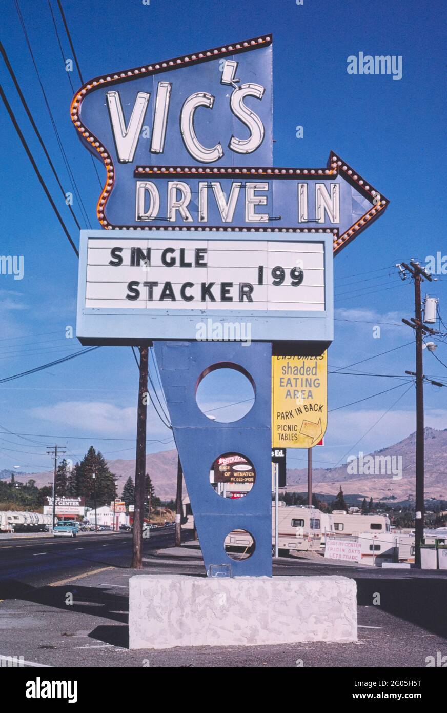 1980s United States Vic's Drivein sign, Wenatchee, Washington 1987
