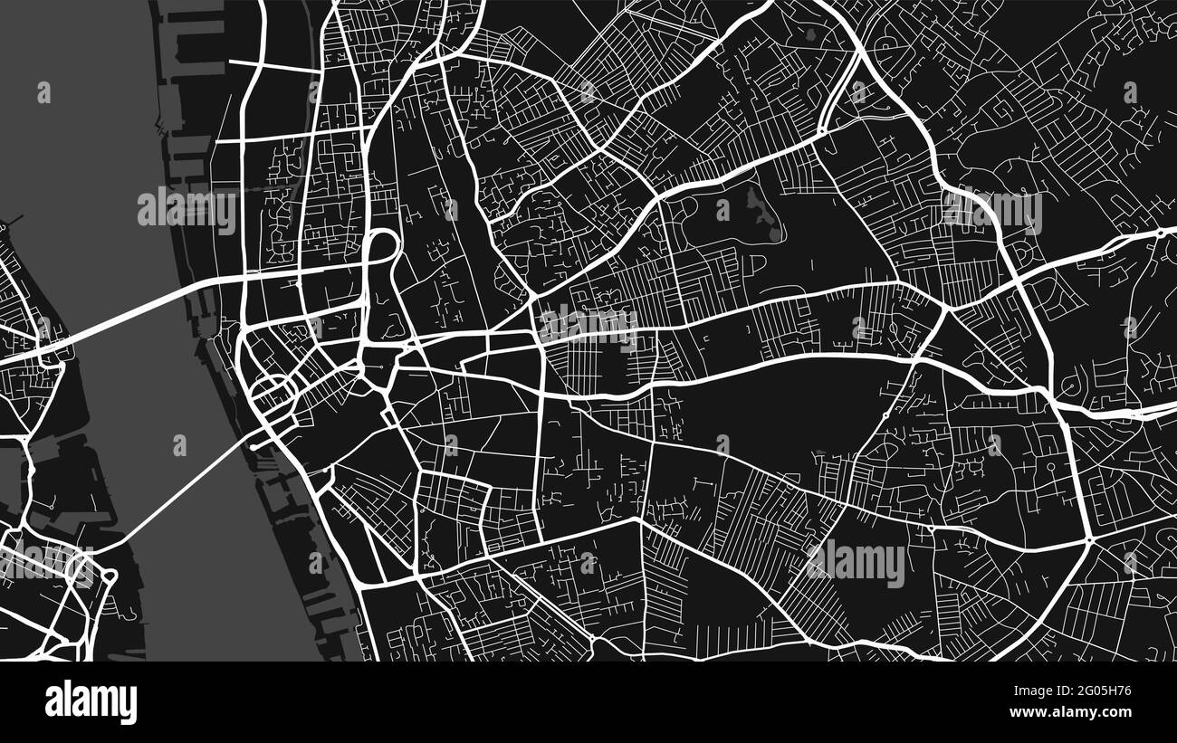 Black and white Liverpool city area vector background map, streets and water cartography illustration. Widescreen proportion, digital flat design stre Stock Vector