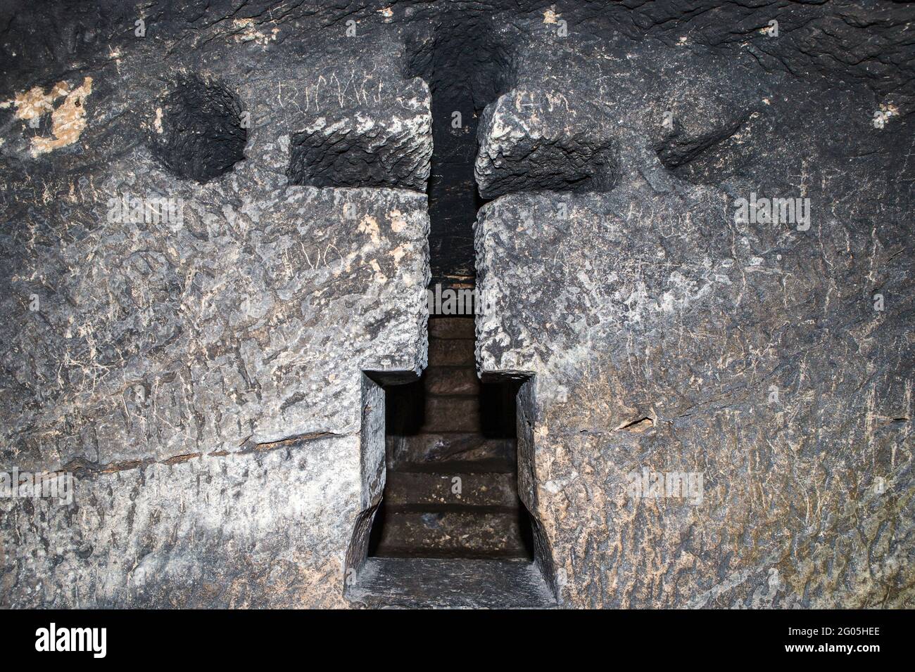 Rear view, Cross with sun and moon, Underground Bosnian Church and Catacombs for the aristocratic Hrvatnić family, Bosnia, Bosnia and Herzegovina Stock Photo