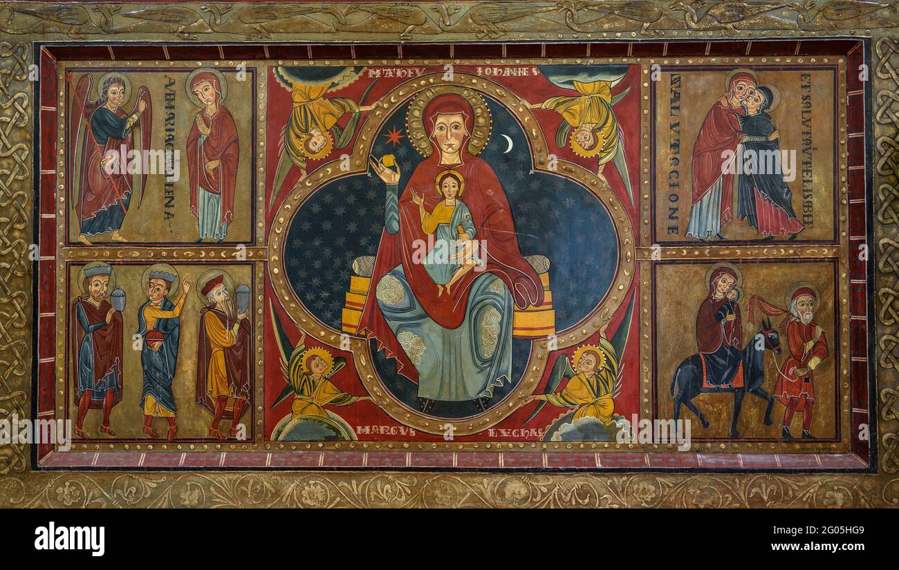 Interior of Santa Maria de Lluçà monastery. Detail of the altar with romanesque paintings (Lluçanès, Osona, Barcelona, Catalonia, Spain) Stock Photo