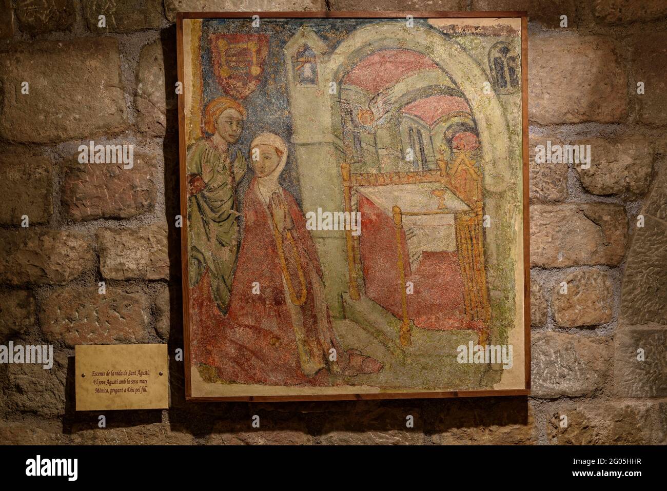 Interior of Santa Maria de Lluçà monastery. Set of seven fragments of wall paintings that are preserved (Lluçanès, Osona, Catalonia, Spain) Stock Photo