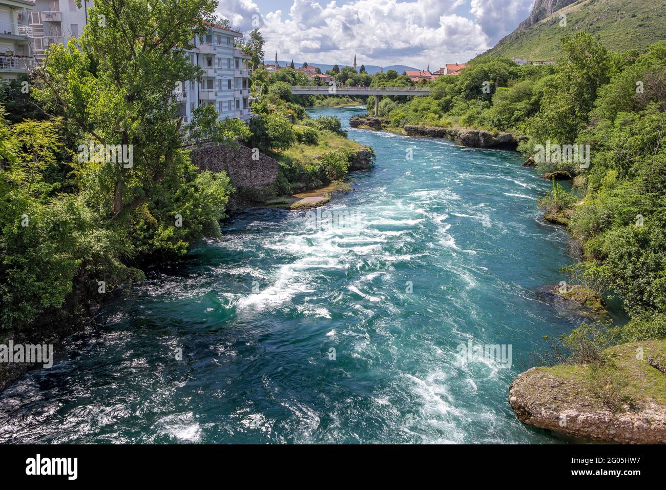 River Neretva and pedestrian Bunur bridge from Tito Bridge, Mostar, Herzegovina, Bosnia and Herzegovina, Stock Photo
