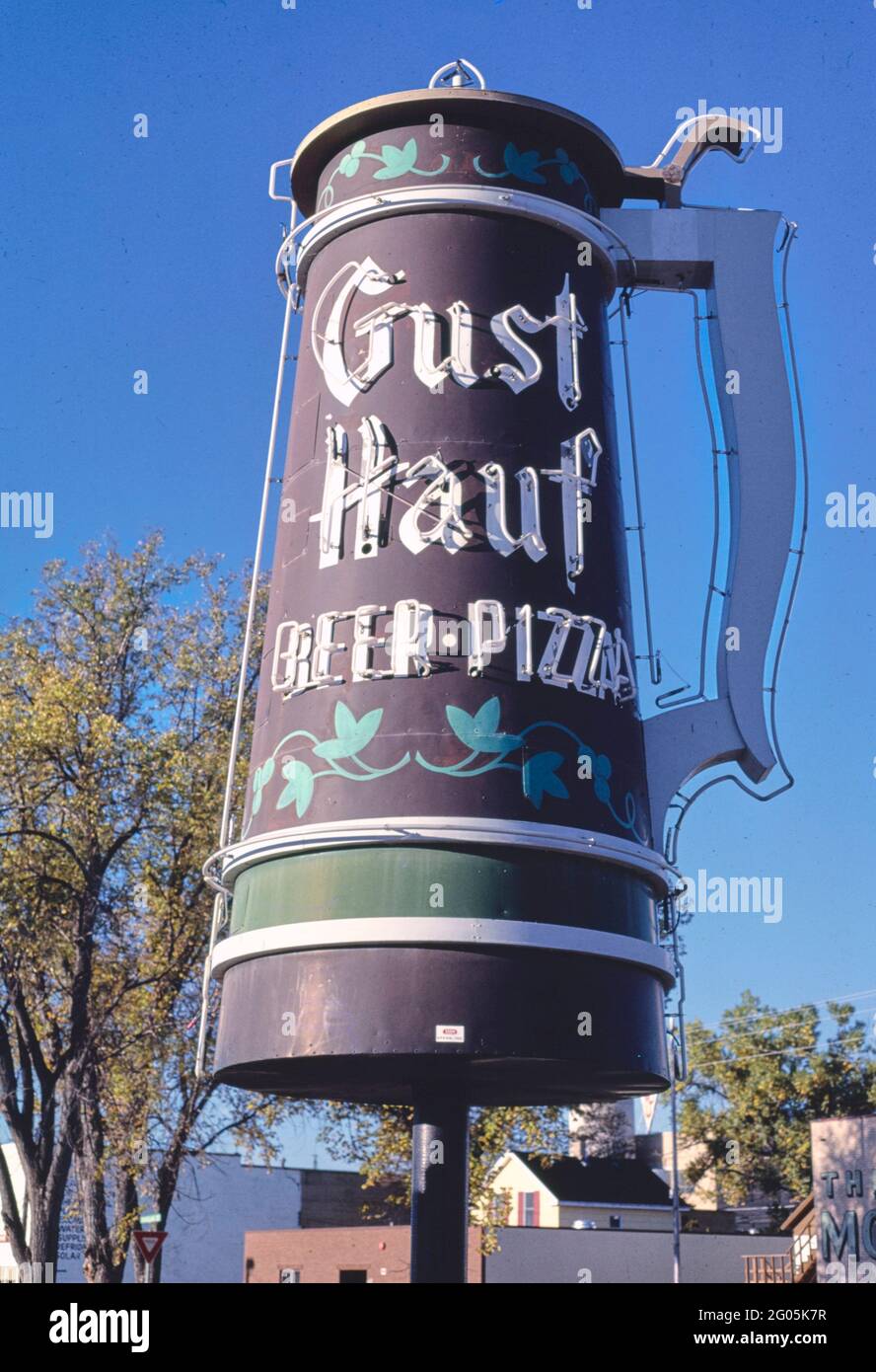 1980s America Gust Half BeerPizza sign, Glendive, Montana 1987 Stock
