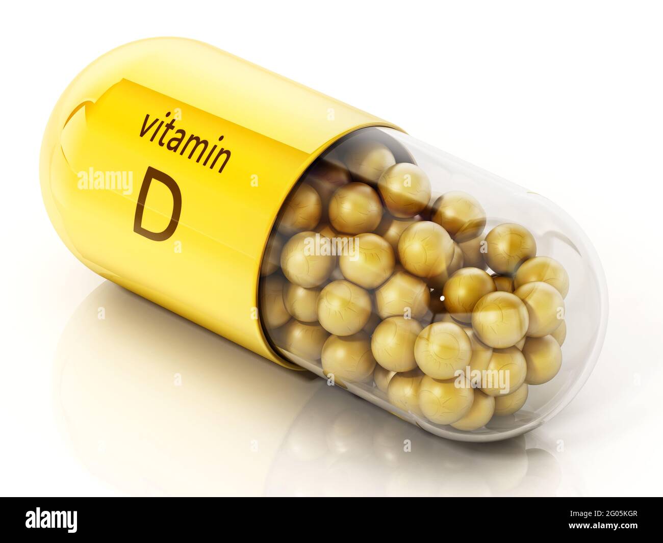 Vitamin D pill with yellow spheres with sun symbol. 3D illustration