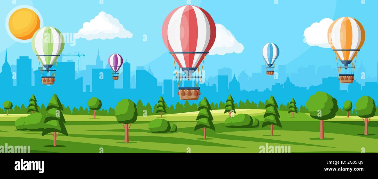 Hot air balloon in the sky with clouds and sun Stock Vector Image & Art ...